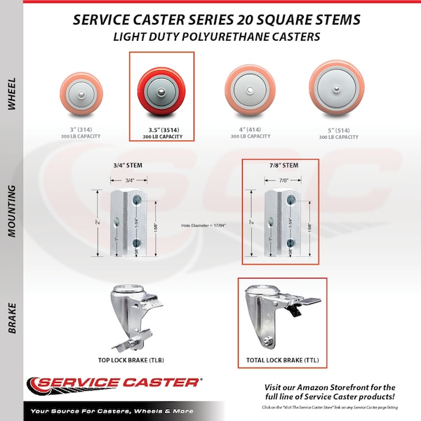 Service Caster 3.5 Inch Red Poly Swivel 7/8 Inch Square Stem Caster Set Total Lock Brake SCC SCC-SQTTL20S3514-PPUB-RED-78-4 - main